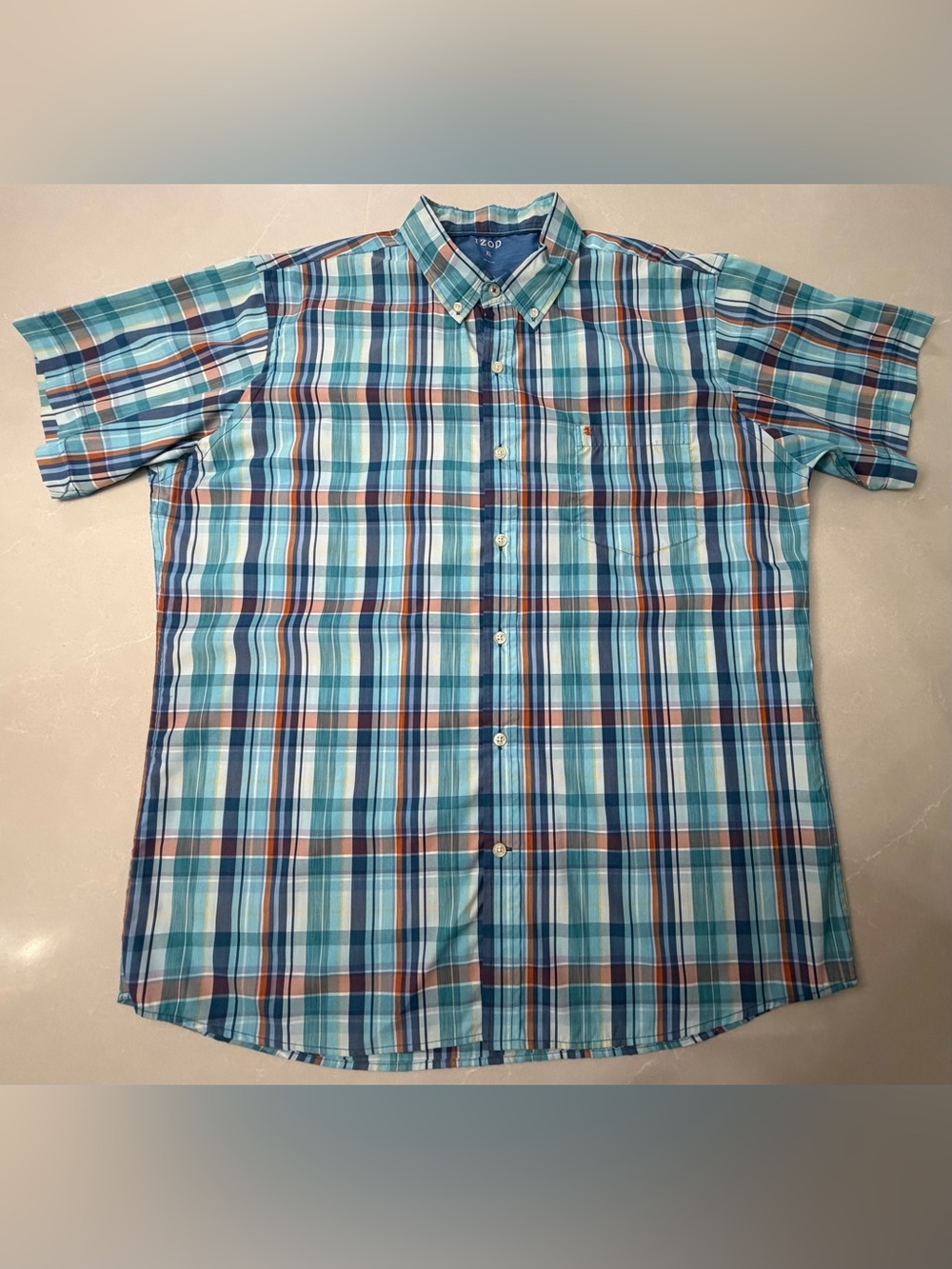 IZOD Saltwater Plaid Short Sleeve Button Down Shirt XLarge Blue Orange